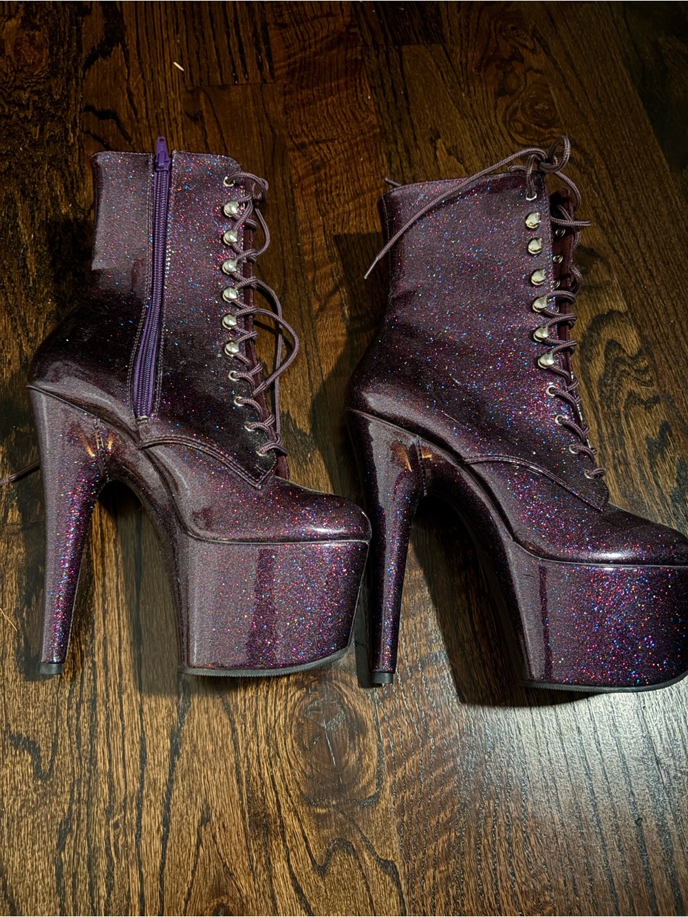 Pleaser Iridescent Purple Glitter Platform Lace-Up Boots